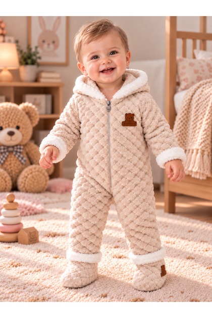 Baby Jumpsuit Winter Plush Hooded Zippered Unisex Baby Welsoft Jumpsuit with Booties