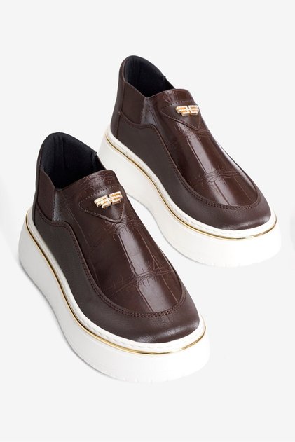 Women's Croco Sneaker with Nubuck and Rubber Detailing, Thick Sole, Enna Brown