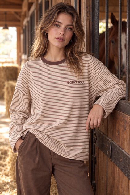 Women's Striped Oversize Long Sleeve T-Shirt Brown