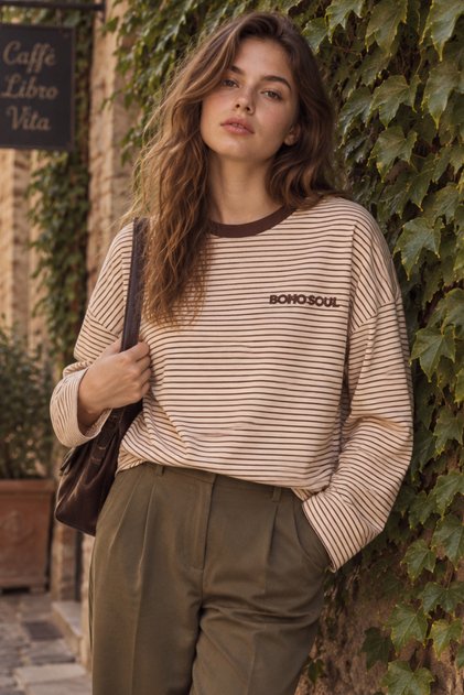 Women's Brown Striped Printed Crew Neck Oversize Sweatshirt
