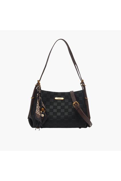 Checked Tote Bag with Scarf Accent