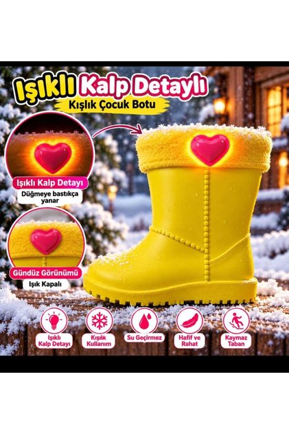 Sticker Detailed Boys' and Girls' Rain Snow Boots, Yellow Waterproof Non-Slip Sole Winter Boots