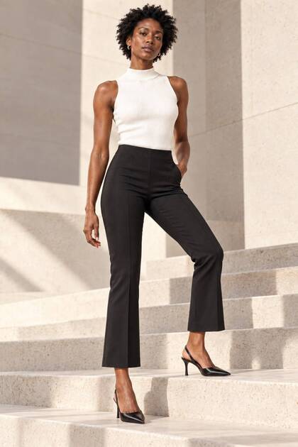 Women's Trousers Flare Trousers High Waist Pocketless Elastic Waist Lycra Spanish Flare Midi Black Fabric Stylish