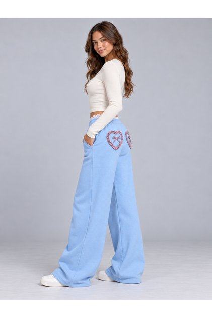Cotton Sweatpants with Lace Waist and Heart Detail