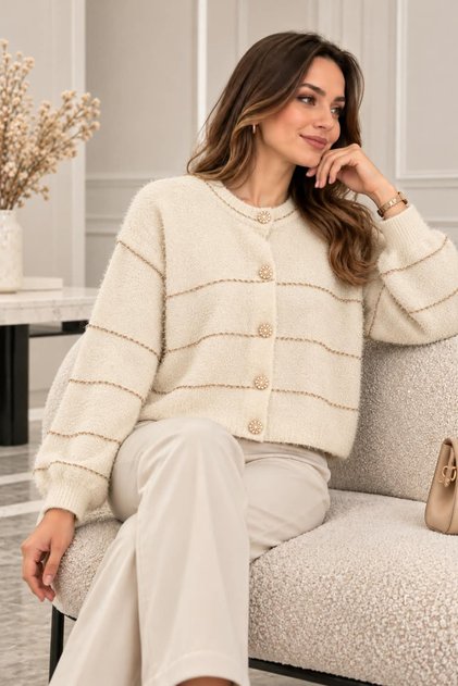 Women's Angora Knitwear Cardigan with Stone Embroidery and Gold Buttons, Stylish Cardigan