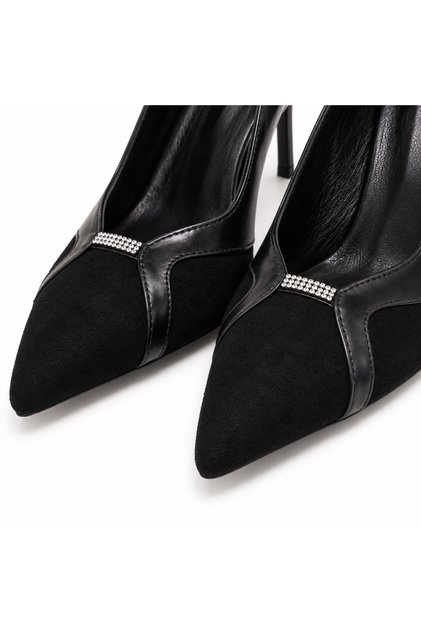 Siyah Süet Taş Detaylı Sivri Burun İnce Topuklu Hakiki Deri Kadın Stiletto Ayakkabı