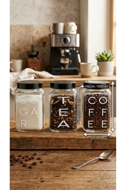 Set of 3 1000 ml Square Glass Jars with Black Lids / Spice Container / Tea and Coffee Storage Container (15X9 cm)