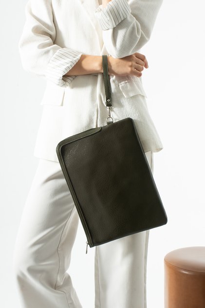 Khaki Women's Faux Leather Large Size Clutch Tablet Bag with Removable Wrist Strap