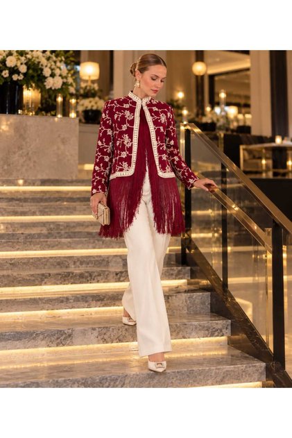 Women's Black Floral Embroidered Loose Fit Jacket with Judge Collar and Ribbon Detail