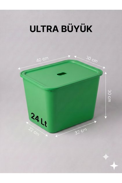 Green Lid Ultra Large 24 Liter 40X30X30 cm Polypropylene Plastic Organizer - Toy Box and Storage Basket