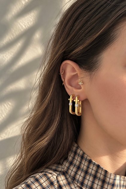 Pink and White Stone Detailed Rectangular Geometric Hoop Earrings Set of 2