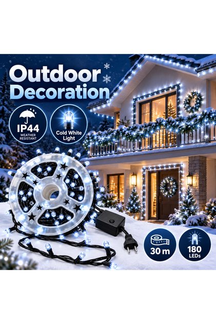 Instalație luminoasă LED de Crăciun pe rolă, 30 m, 180 LED-uri, 8 moduri de iluminare, IP44, alb rece, cablu negru