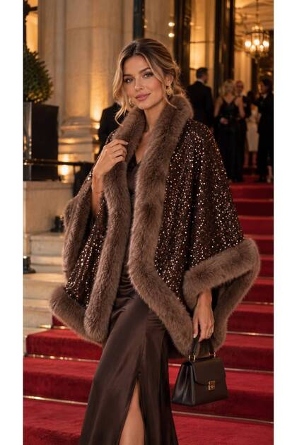 Brown Premium Faux Fur Sequin Embroidered Woven Women's Poncho