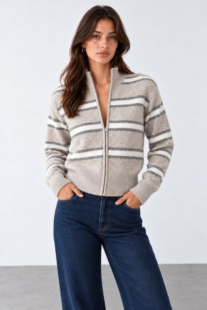 Women's Brown Stand Collar Striped Zippered Wool Cardigan