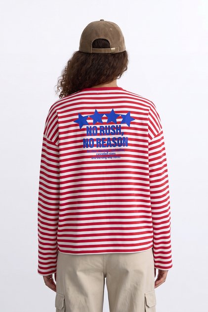 Unisex Oversize Long Sleeve T-Shirt 100% Cotton Striped Star Printed Boxy Fit T-Shirt