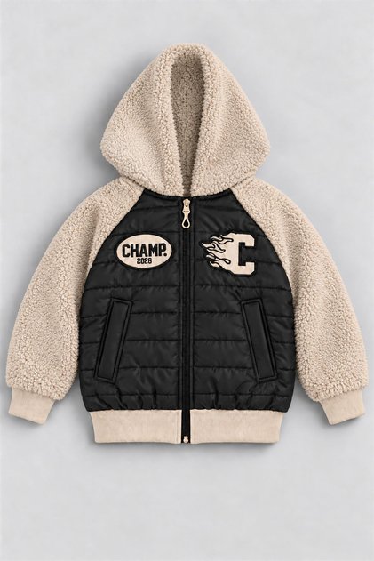 Boy's Quilted Plush Sleeve Hooded College Jacket