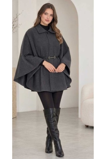 Standard Size Premium Anthracite Color Buttoned Belted Cashmere Cape Poncho /Blackbonds