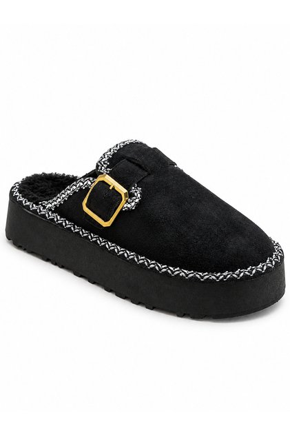 Women's Black Fur-Lined Suede Look Thick Sole Winter Slippers