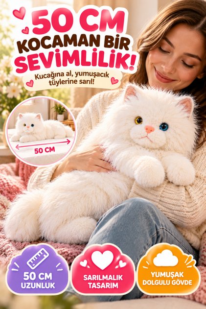 Beyaz Gerçek Kedi Görünümlü Pelüş Kedi 50 cm Uzun Tüylü Yumuşacık Sarılmalık Dekoratif Oyuncak Kedi
