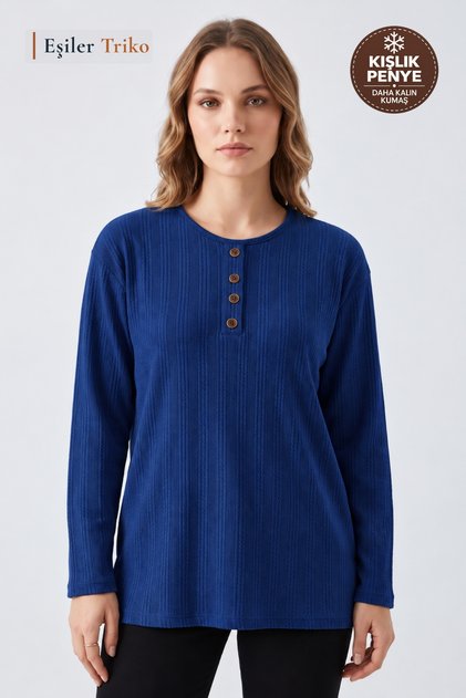 Women's Winter Twisted Patterned 4-Button Knitwear Look Mother's Combed Cotton Blouse