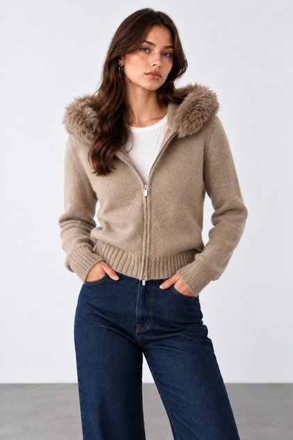 Women's Mink Double Zipper Fur Hooded Cardigan