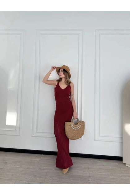 Marchè Bien Women's Knitted Long Knitwear Dress - Burgundy