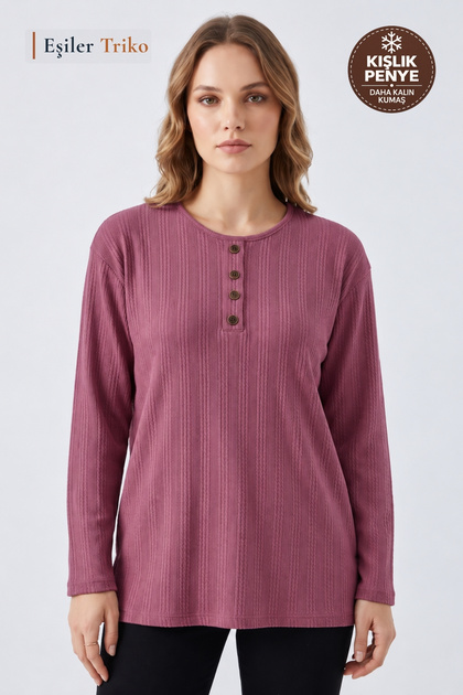 Women's Winter Twisted Patterned 4-Button Knitwear Look Mother's Combed Cotton Blouse