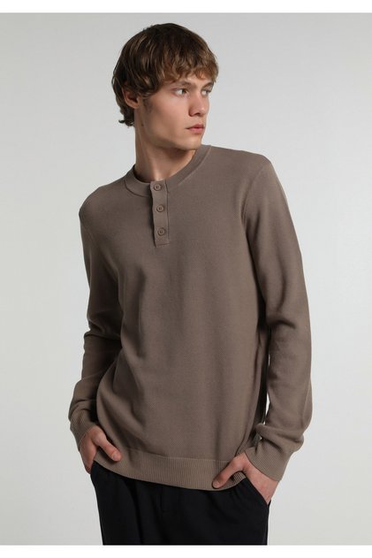 Regular Fit Placket Neck Plain Men's Brown Sweater