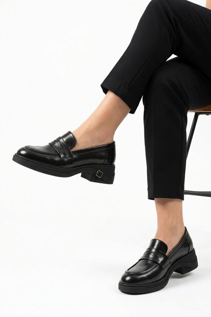 Moran belt detailed women's loafer flat black wrinkled