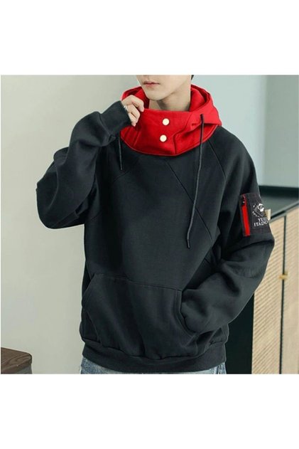 Anime Jujutsu Kaisen Red Black Collar Sleeve Pocket Detail Hooded Sweatshirt