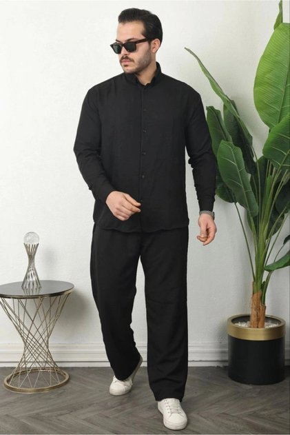 Marchè Bien Men's Sofia Linen Shirt Pants Bottom Top Set Long Sleeve - Black