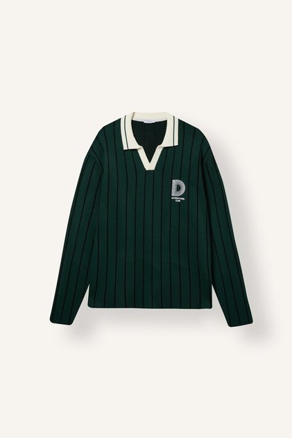 Relaxed Fit Striped Polo Collar Embroidered Knit Sweater I2289Ax26Wn