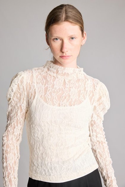 Slim Fit Half Turtleneck Shoulder Gathered Lace Long Sleeve Basic Blouse I9650Ax26Wn