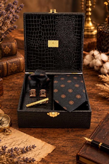 Black Men's Gift Box - Tie, Handkerchief, Cufflinks, Tie Clip Set Kmk302