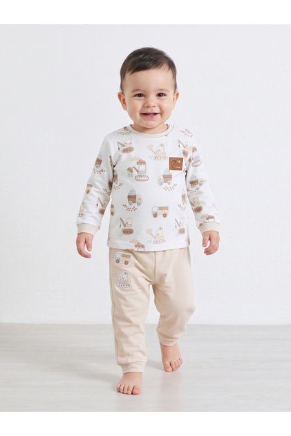 Baby Boy Beige Cotton Printed Long Sleeve T-Shirt and Joggers Set