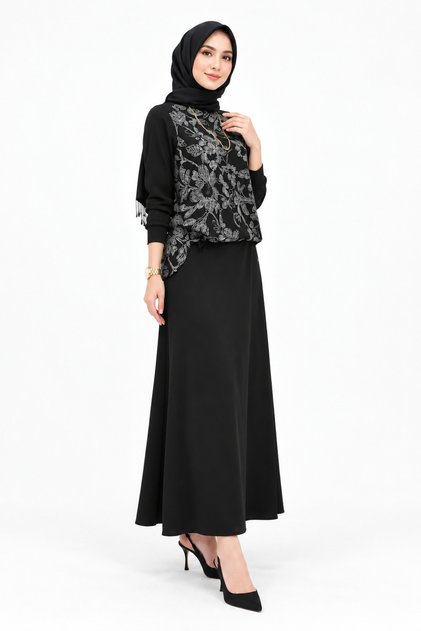 Bead Embellished Floral Patterned Lined Skirt Blouse Double Set