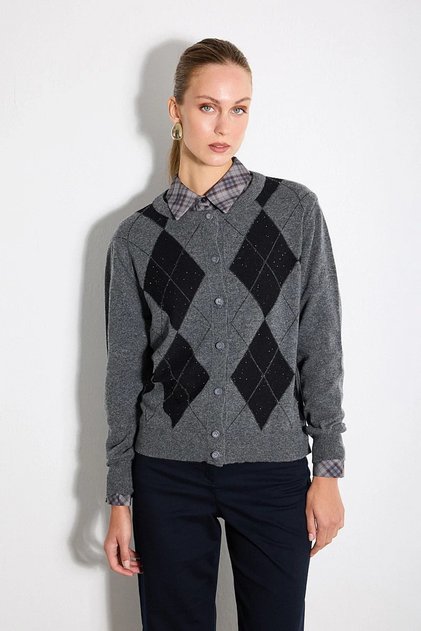 Baklava Patterned Sequined Wool Knitwear Cardigan - Smoked