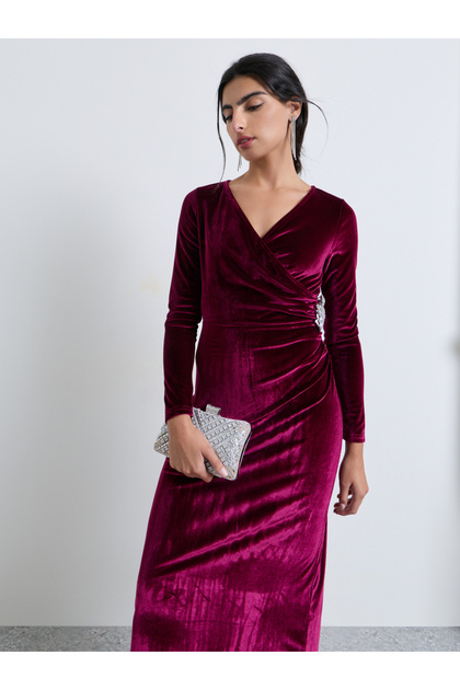 Burgundy Velvet-Look Wrap Maxi Dress with Embellishment