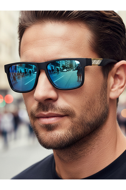 Men Blue Mirrored Flat Top Square Sunglasses