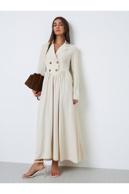 Beige Blazer Maxi Dress with Button Detail