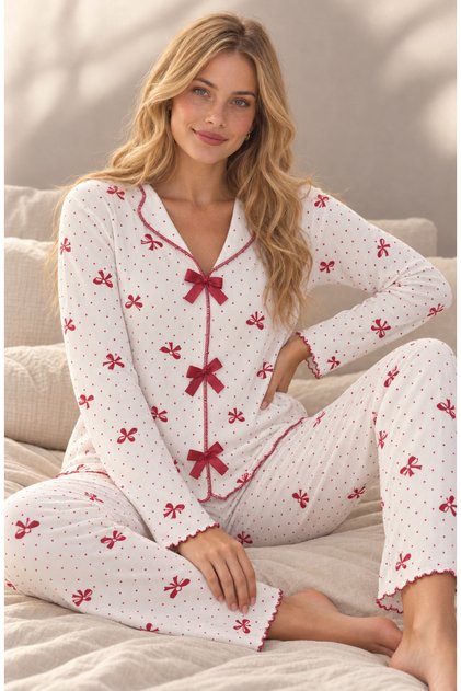 Reported Viscose Fabric Red Bow Detailed Pajama Set