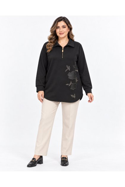 Collar Zipper Detail Large Size Knitted Modal Sweatshirt Black