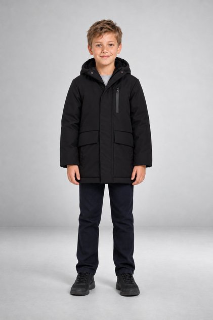 Boys' Black Fur Windproof Hooded Winter Coat & Parka