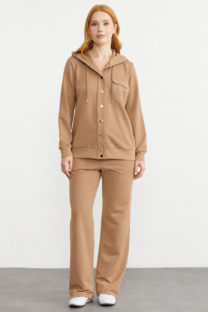 Hooded Snap Closure Tracksuit Set - Camel