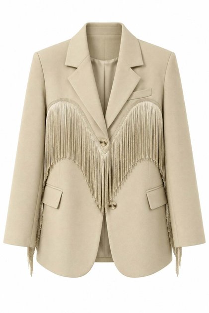 Krem Püskül Detaylı Oversize Blazer Ceket