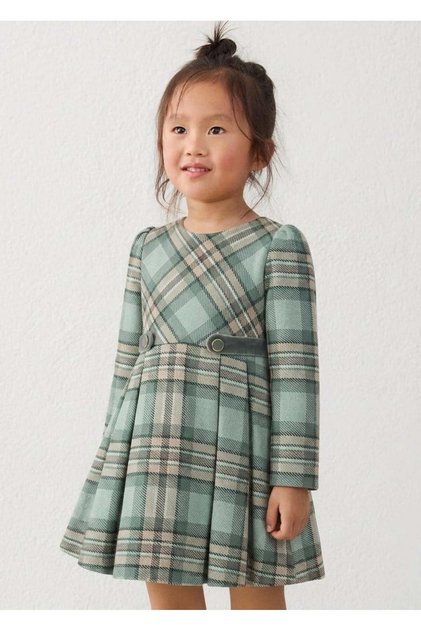 Girl's Plaid Checkered Winter Dress - Belt Detailed Pleated 4923 Green