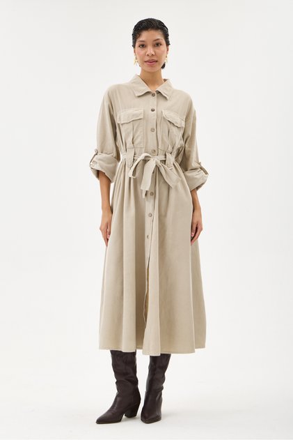 Beige Italian 100% Cotton Velvet Tie-Waist Long Velvet Shirt Dress Size 38 - 42