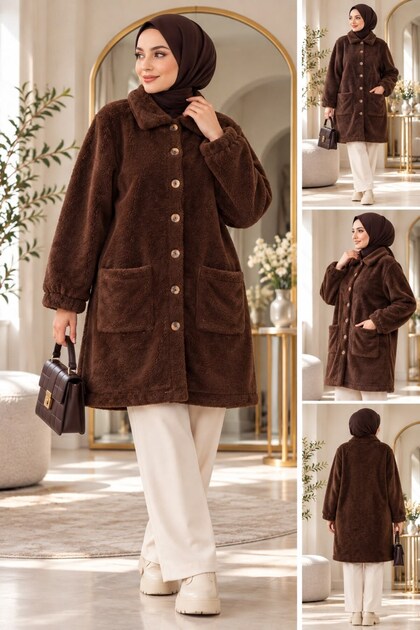 Women's Hijab Cover Pocket Buttoned Plush Cardigan