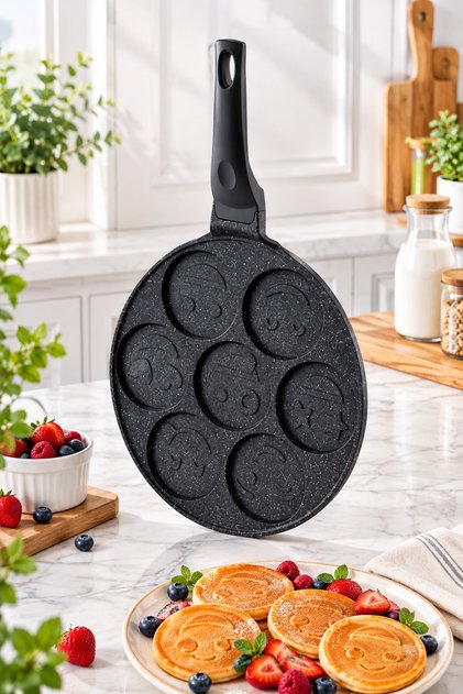 Smiling Face Patterned Cast Iron Pancake Pan Black 7 Compartments