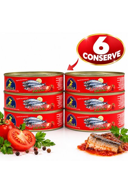 Set 6x215g Sardine in sos de rosii net / 129g uscat